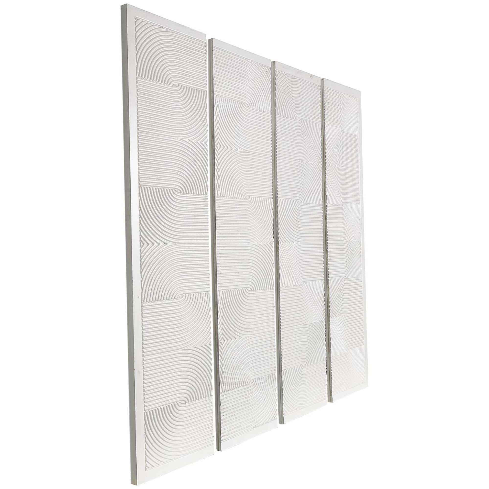 CosmoLiving by Cosmopolitan Wooden White Handmade Carved Panel Geometric Wall Art with Looped Sand Art Design, Set of 4
